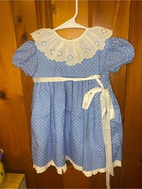 Vintage C.I Castro Blue Polka Dot Girls Dress with White Eyelet Collar